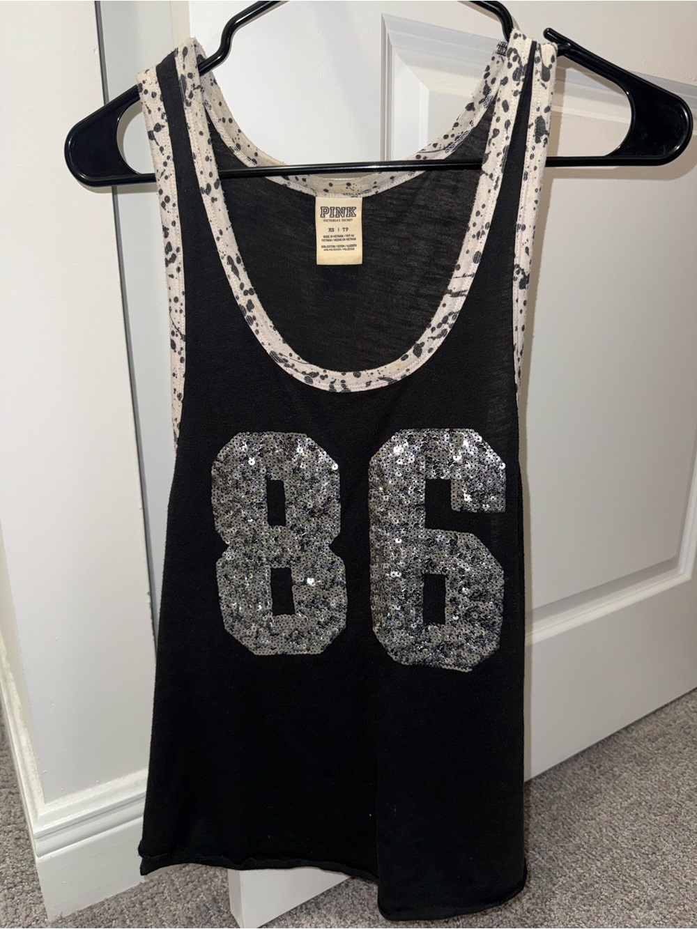 PINK Victoria's Secret Black Muscle Tank with Silver Sequin '86'